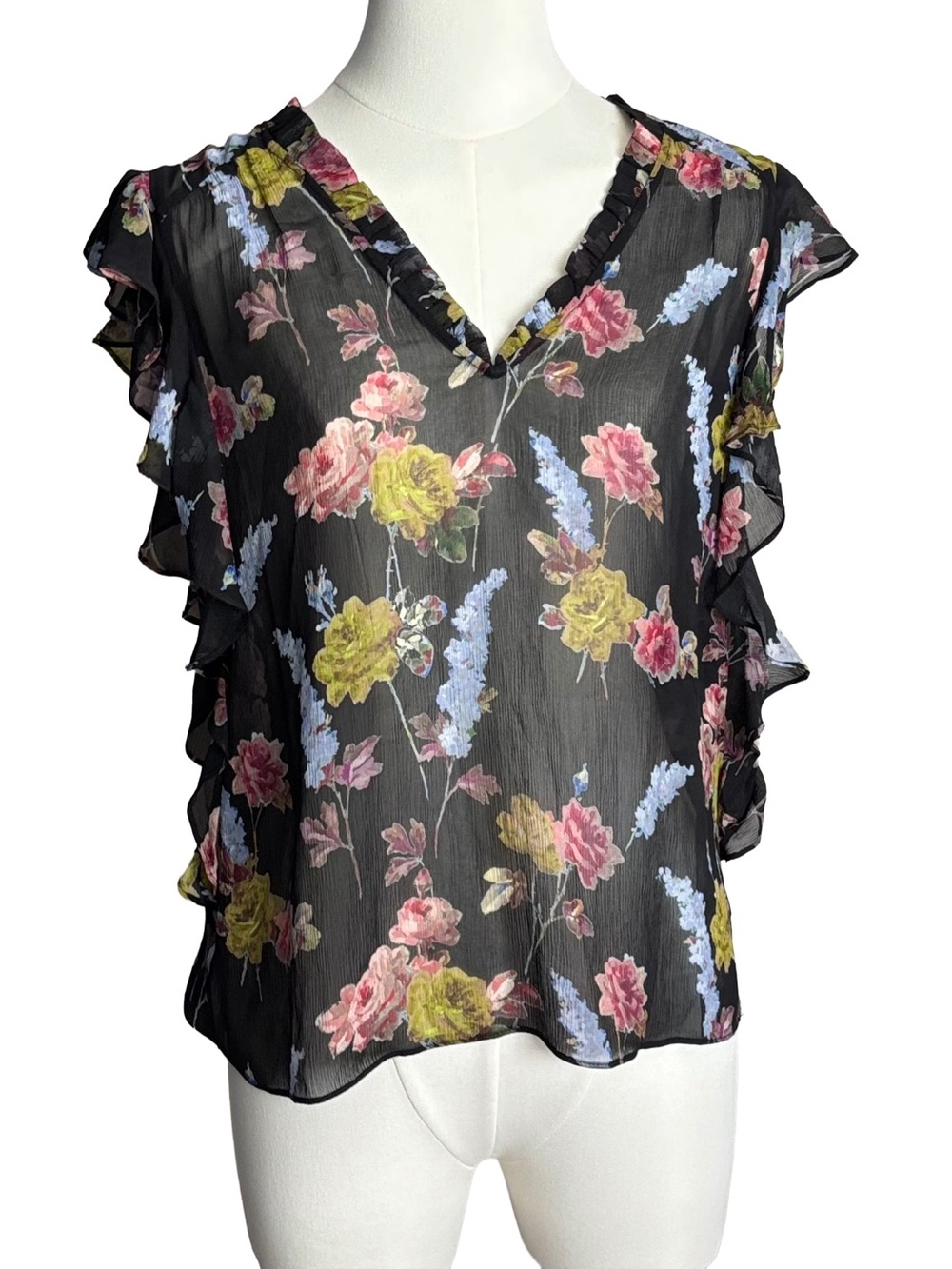 PAIGE Paige Genie Top 100% black silk multicolor floral wallpaper print